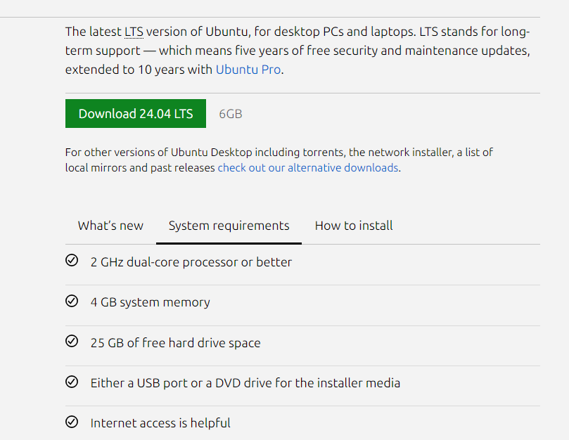 Ubuntu Desktop 24.04 LTS System Requirement