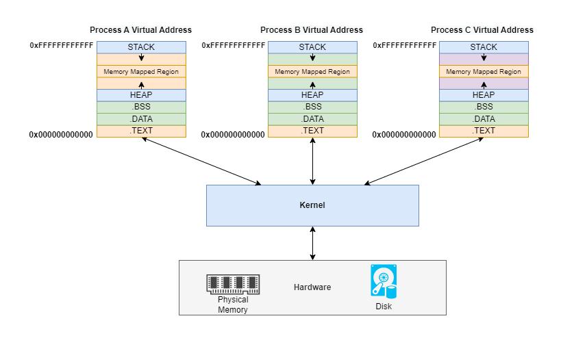 Each process has its own virtual address distributed by kernel