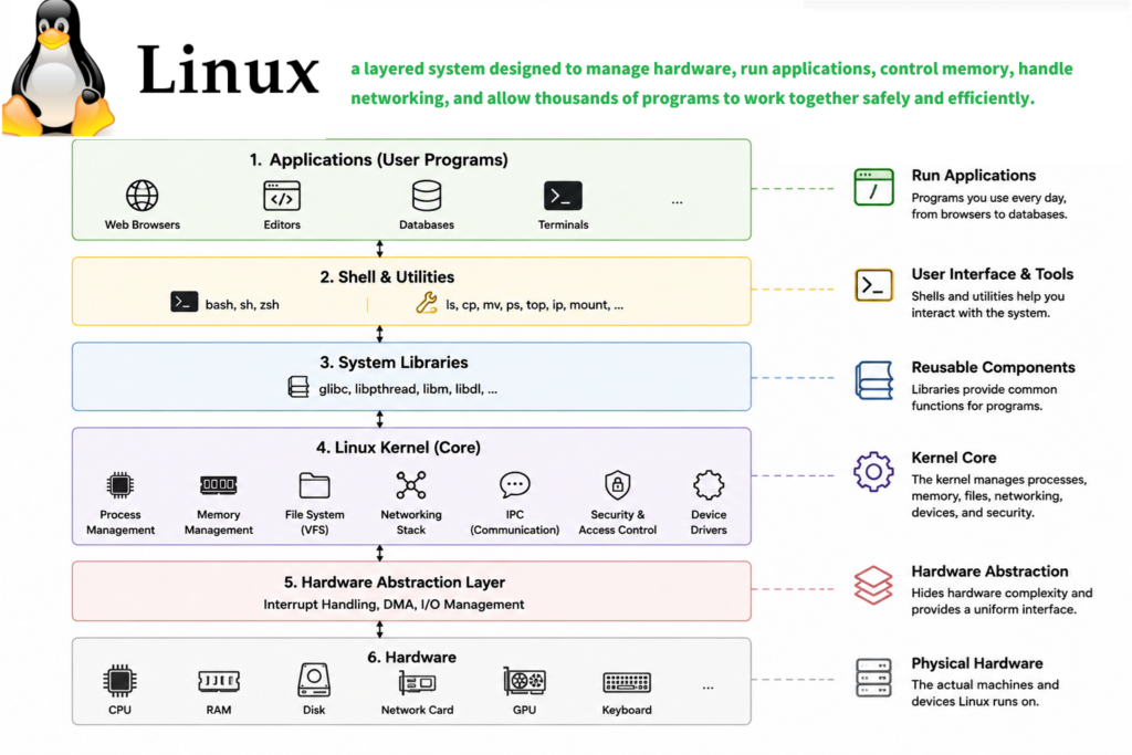 Linux is a layered system designed to manage hardware, run applications, control memory, handle networking, and allow thousands of programs to work together safely and efficiently.